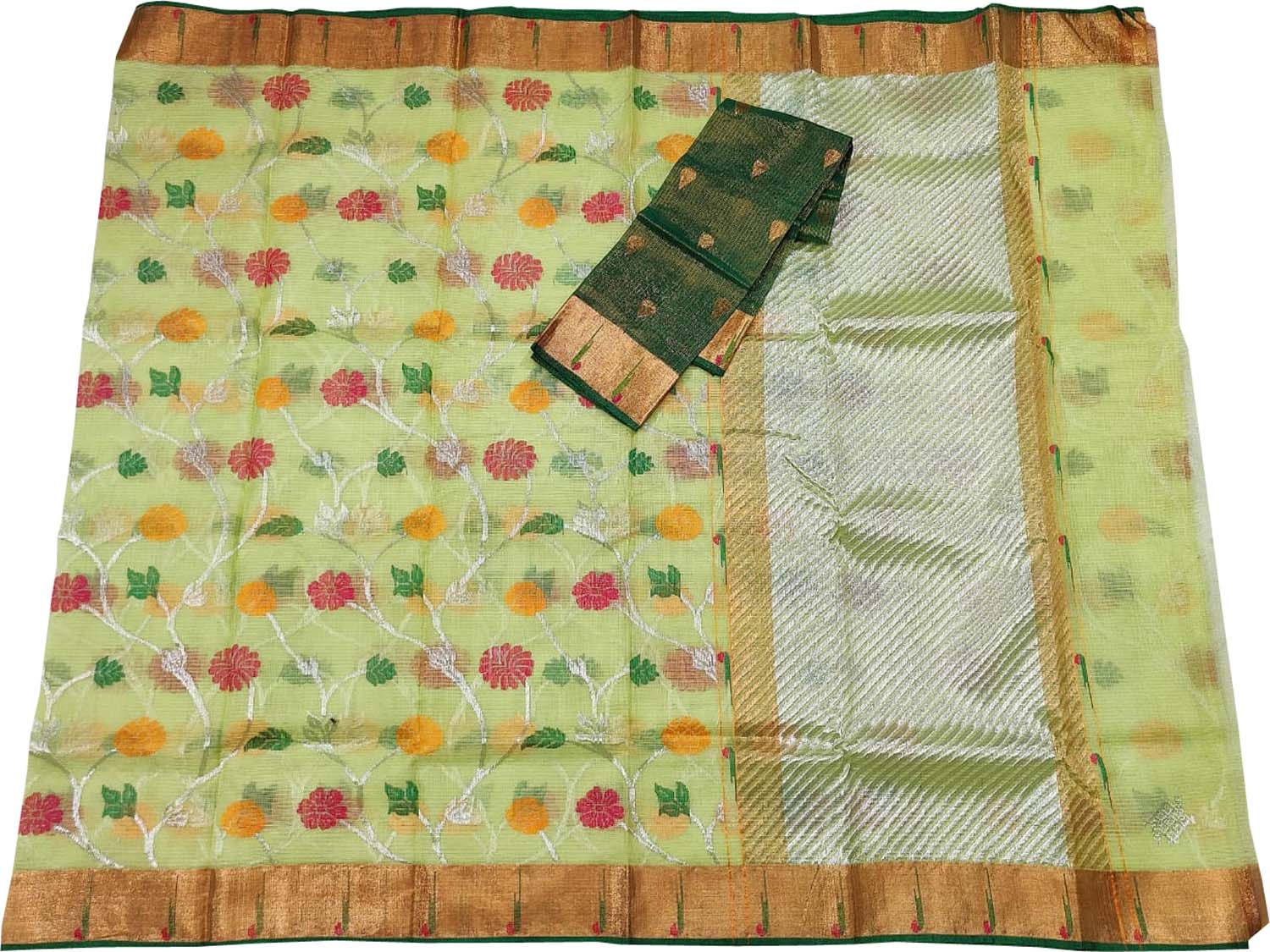 Green Kota Doria Handloom Real Zari Saree - Luxurion World