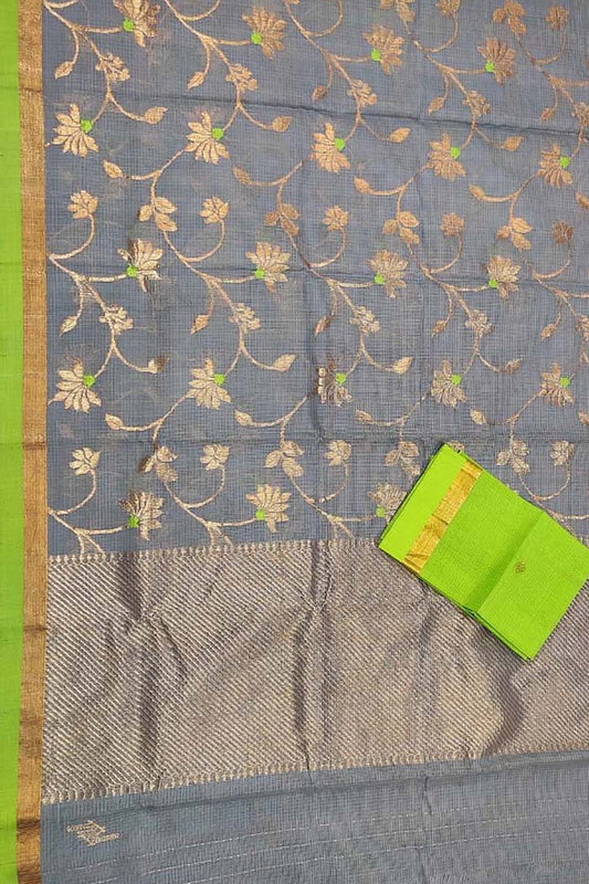 Grey And Green Kota Doria Handloom Real Zari Saree - Luxurion World