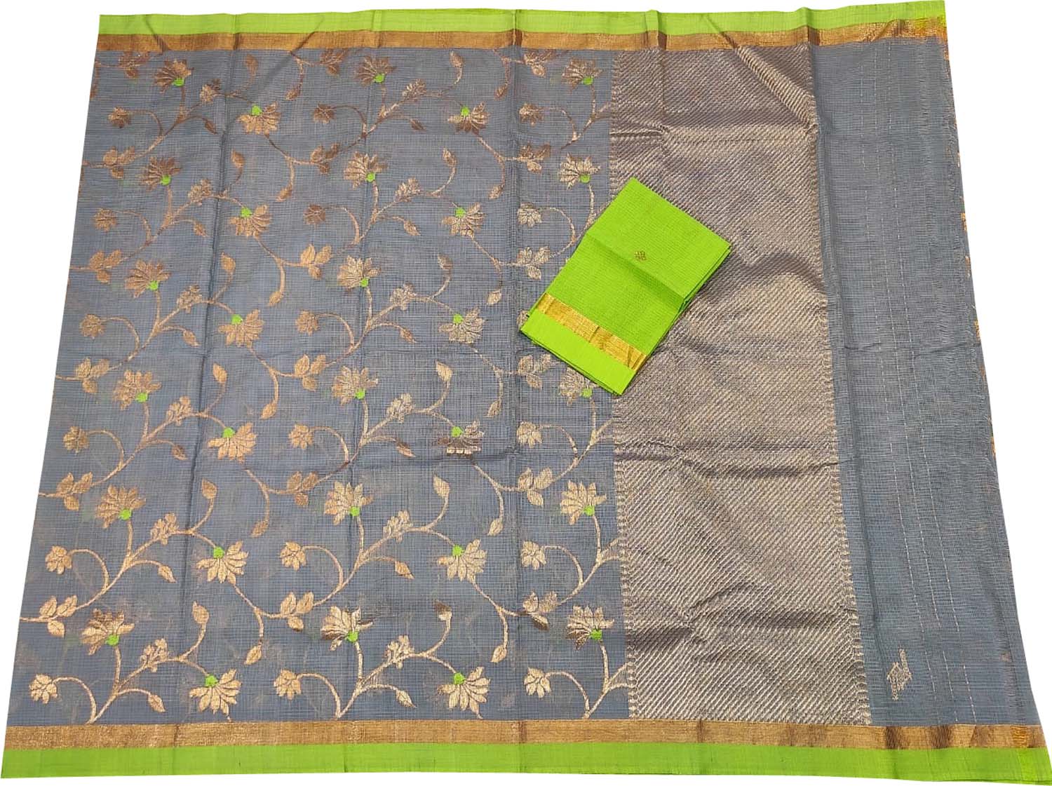 Grey And Green Kota Doria Handloom Real Zari Saree - Luxurion World