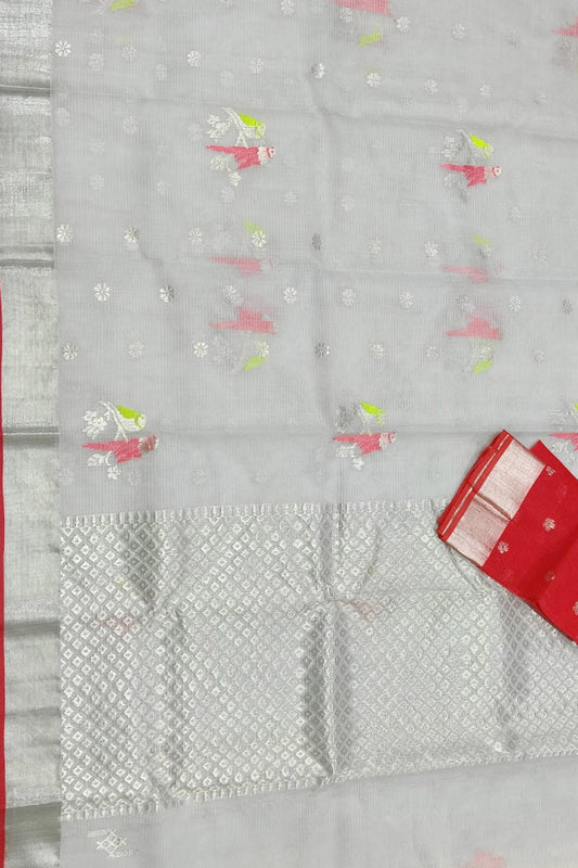 Grey And Red Kota Doria Handloom Real Zari Saree - Luxurion World