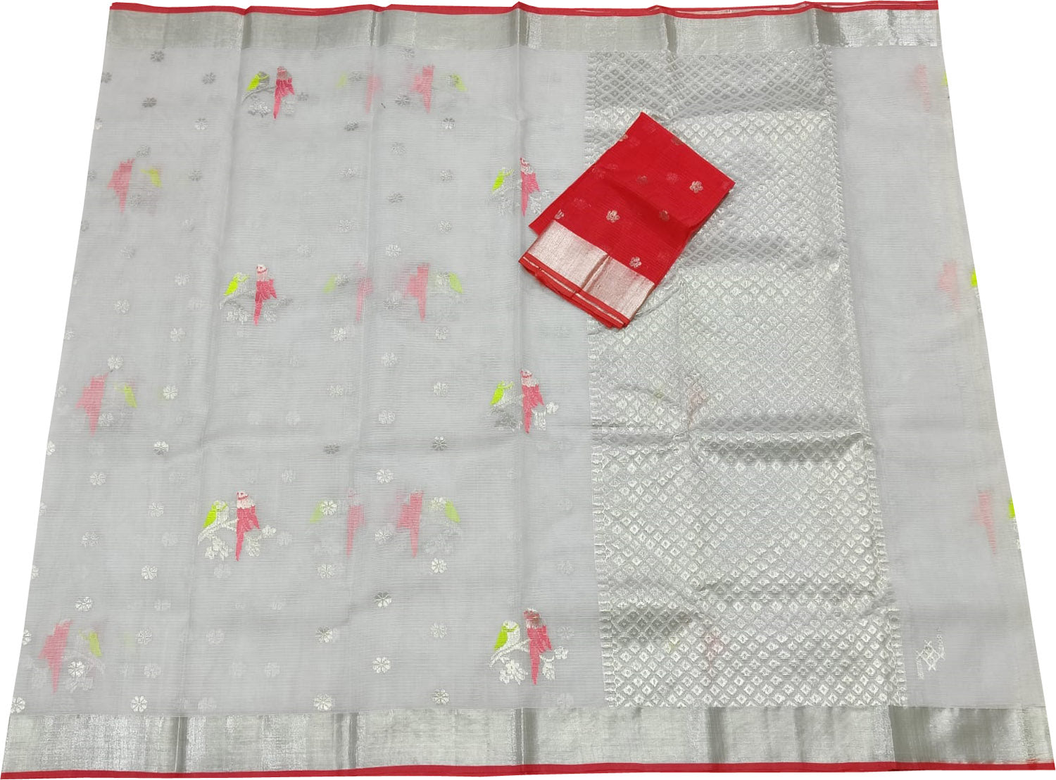 Grey And Red Kota Doria Handloom Real Zari Saree - Luxurion World