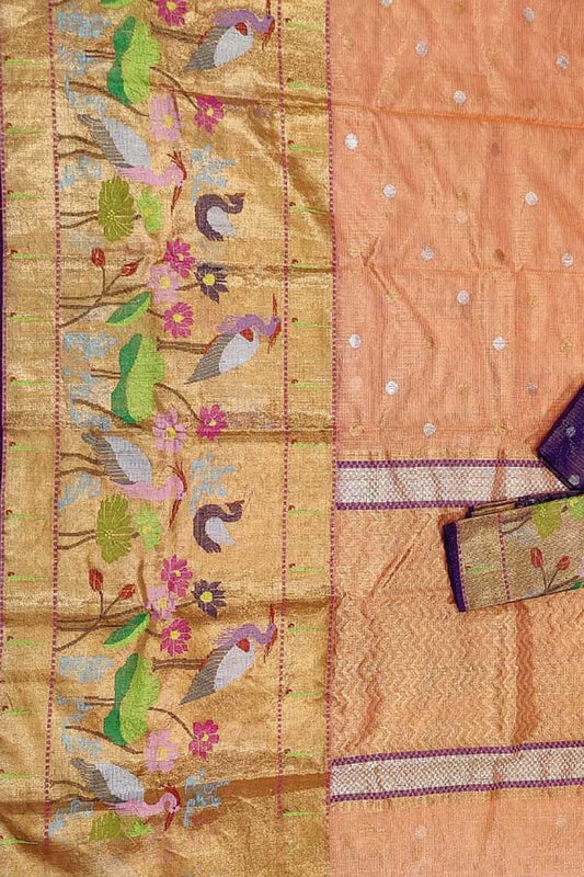 Orange And Purple Kota Doria Handloom Real Zari Tissue Saree - Luxurion World
