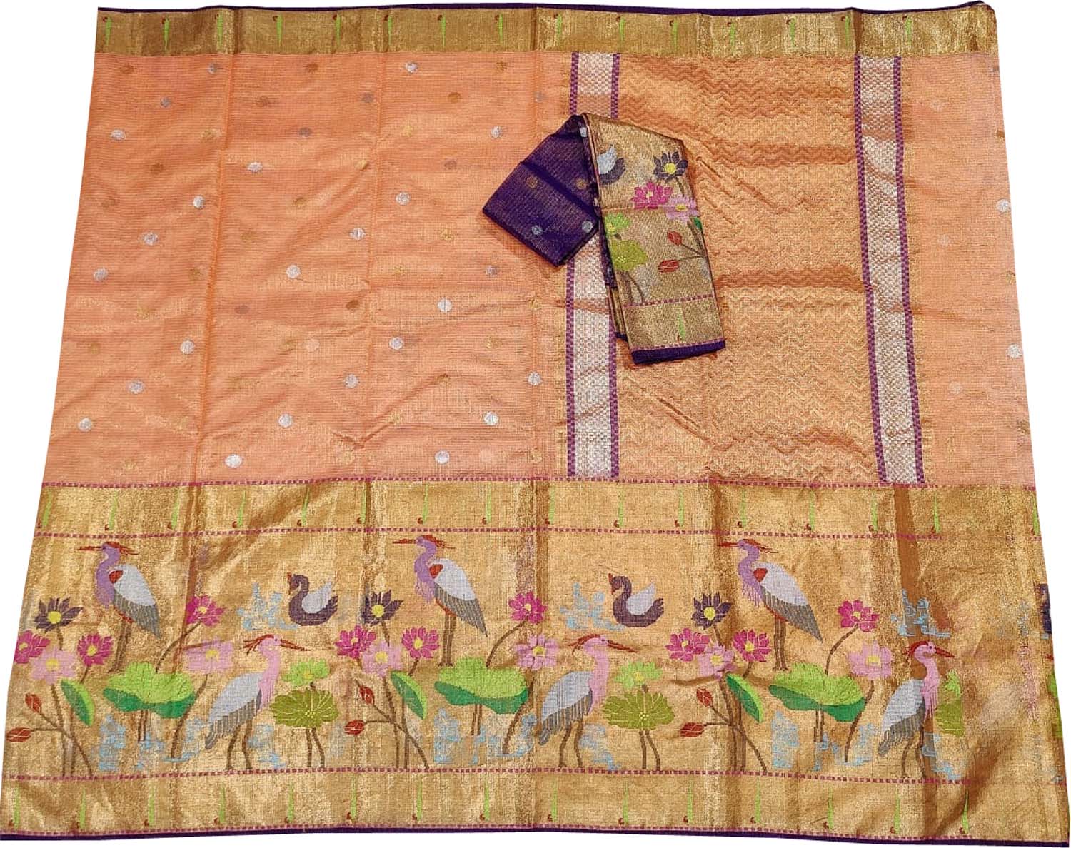 Orange And Purple Kota Doria Handloom Real Zari Tissue Saree - Luxurion World