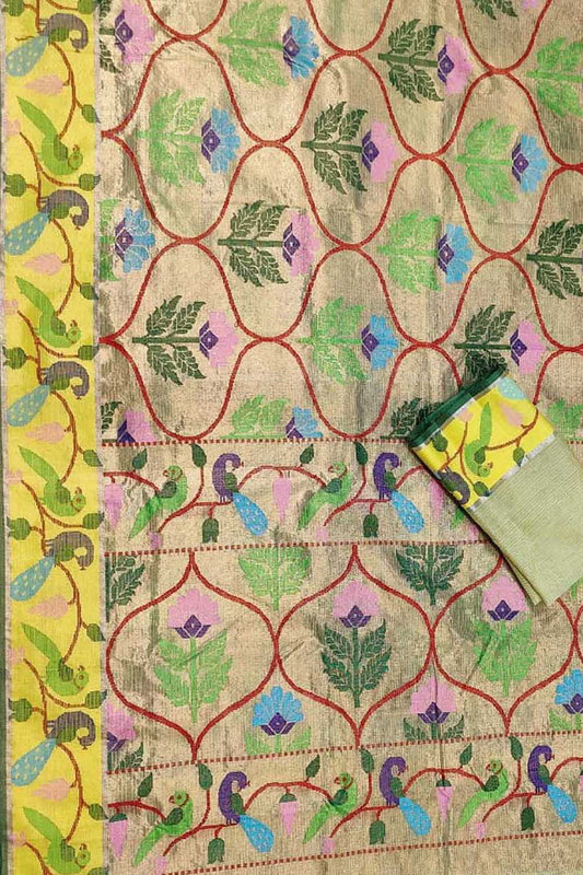 Green Kota Doria Handloom Real Zari Tissue Saree - Luxurion World