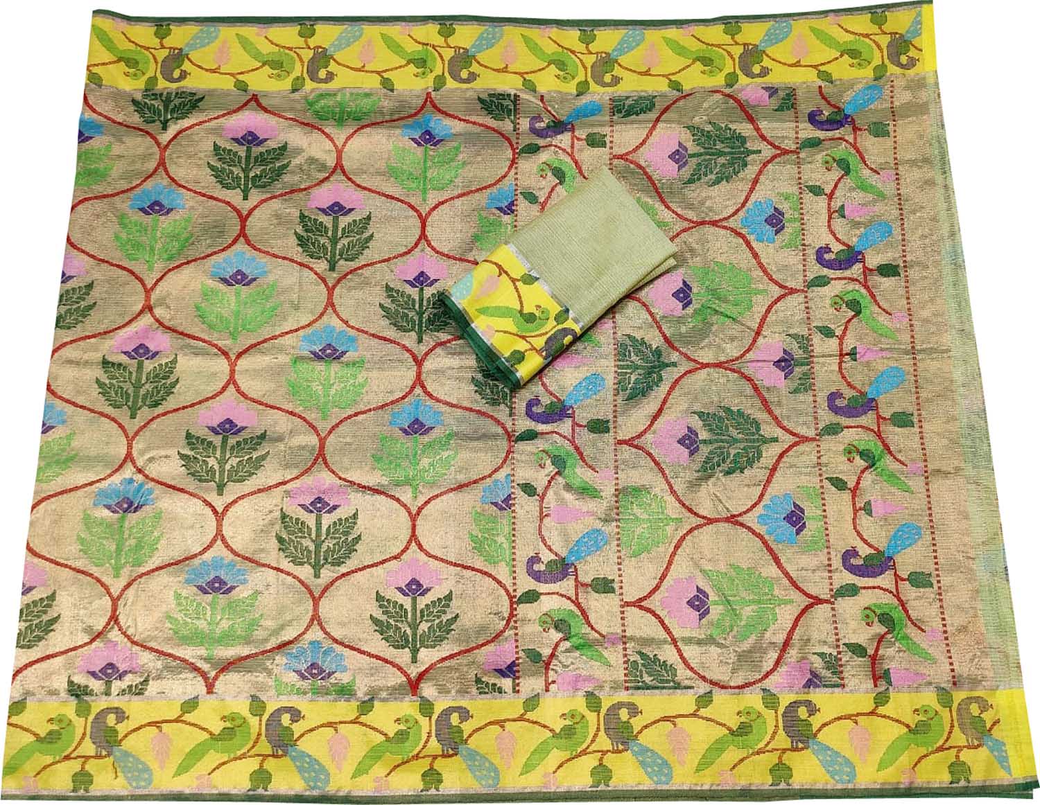 Green Kota Doria Handloom Real Zari Tissue Saree - Luxurion World