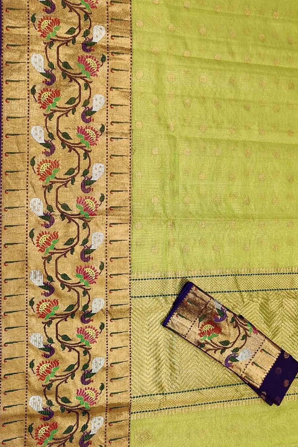 Green And Blue Kota Doria Handloom Real Zari Tissue Saree - Luxurion World