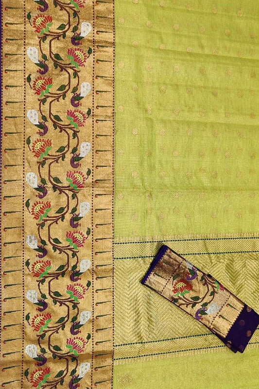 Green And Blue Kota Doria Handloom Real Zari Tissue Saree - Luxurion World