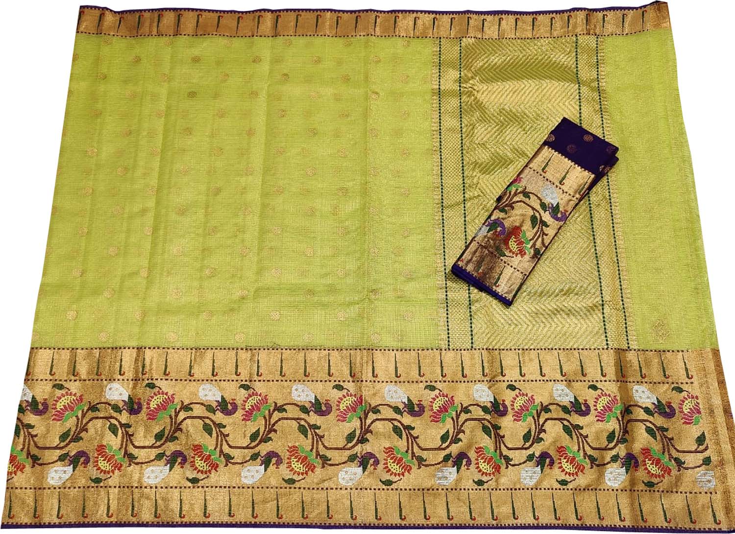 Green And Blue Kota Doria Handloom Real Zari Tissue Saree - Luxurion World