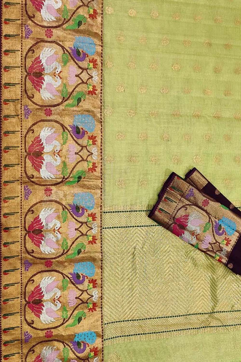 Green And Purple Kota Doria Handloom Real Zari Tissue Saree - Luxurion World