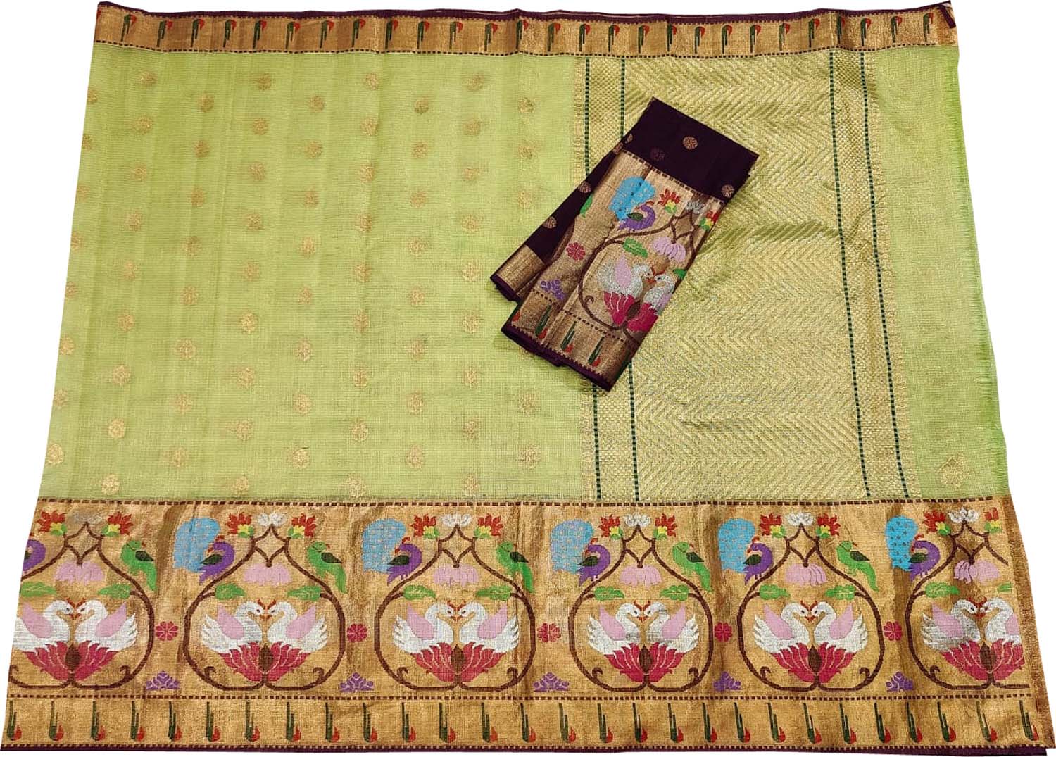 Green And Purple Kota Doria Handloom Real Zari Tissue Saree - Luxurion World