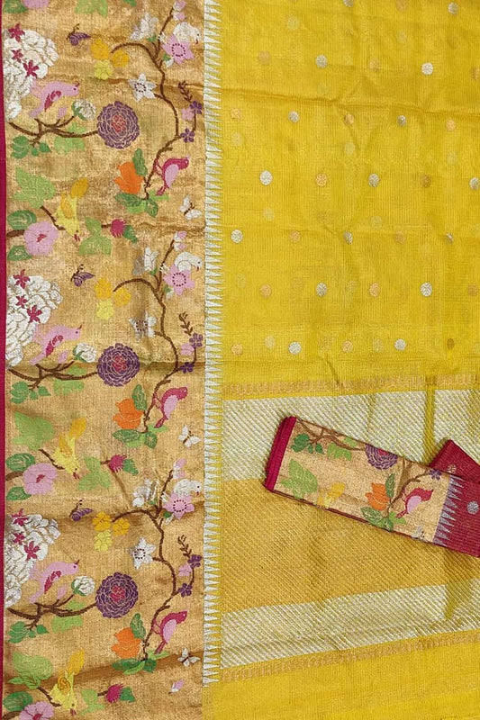 Yellow And Red Kota Doria Handloom Real Zari Tissue Saree - Luxurion World