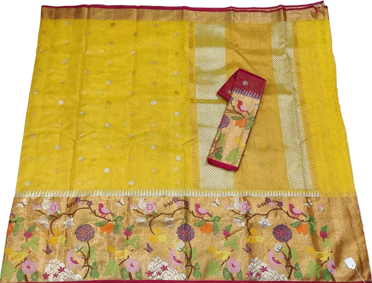 Yellow And Red Kota Doria Handloom Real Zari Tissue Saree - Luxurion World