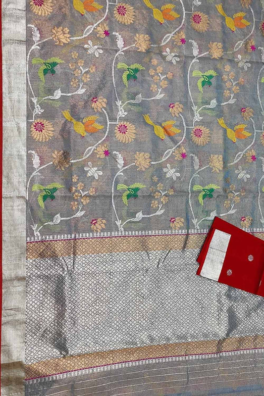 Grey And Red Kota Doria Handloom Real Zari Tissue Saree - Luxurion World