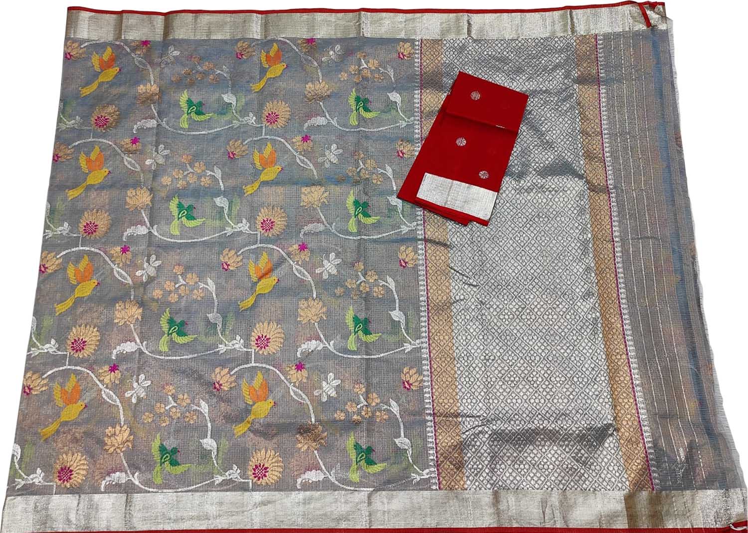 Grey And Red Kota Doria Handloom Real Zari Tissue Saree - Luxurion World