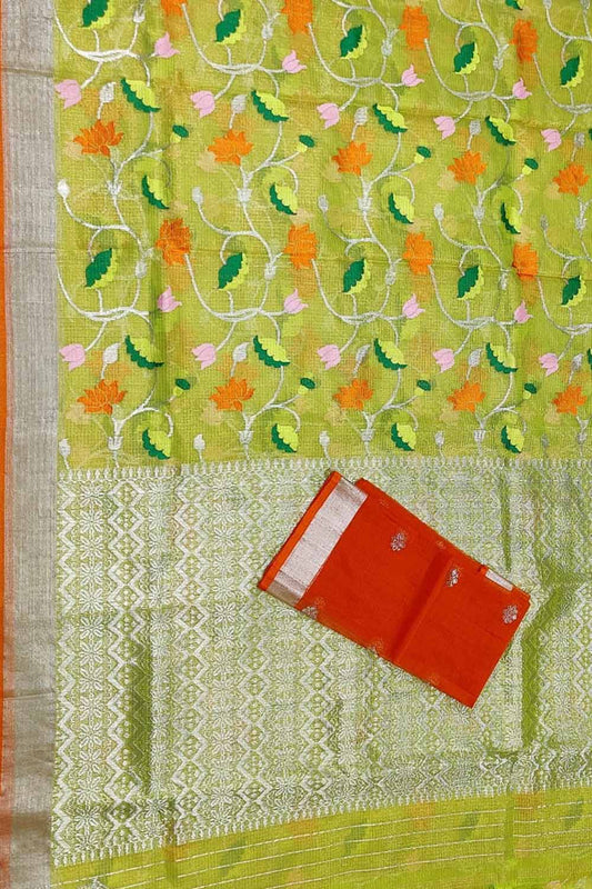 Green And Orange Kota Doria Handloom Real Zari Tissue Saree