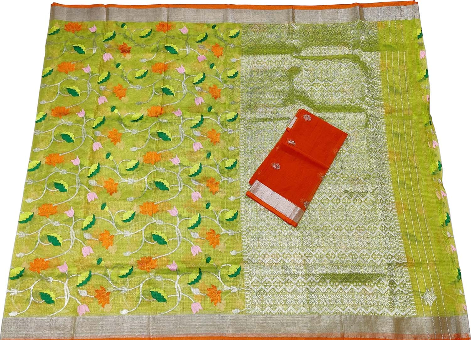 Green And Orange Kota Doria Handloom Real Zari Tissue Saree - Luxurion World