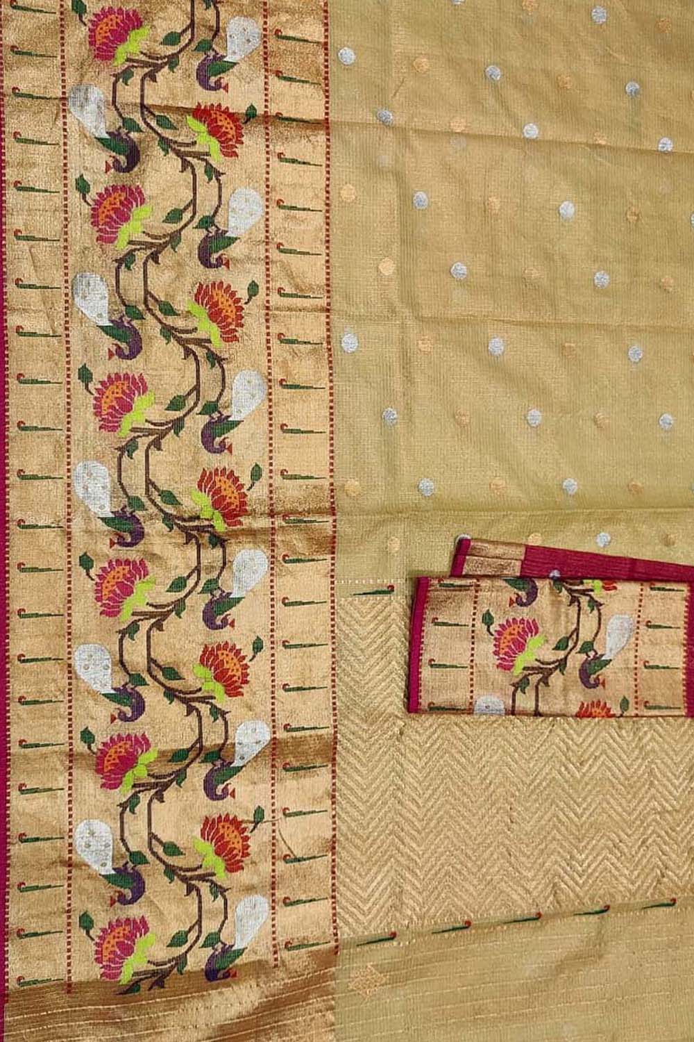 Pastel And Red Kota Doria Handloom Real Zari Tissue Saree - Luxurion World