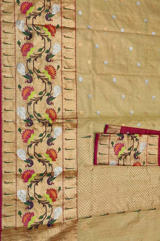 Pastel And Red Kota Doria Handloom Real Zari Tissue Saree - Luxurion World