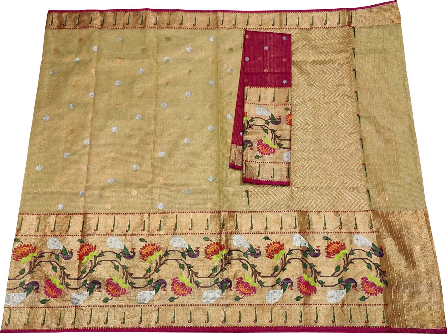 Pastel And Red Kota Doria Handloom Real Zari Tissue Saree - Luxurion World