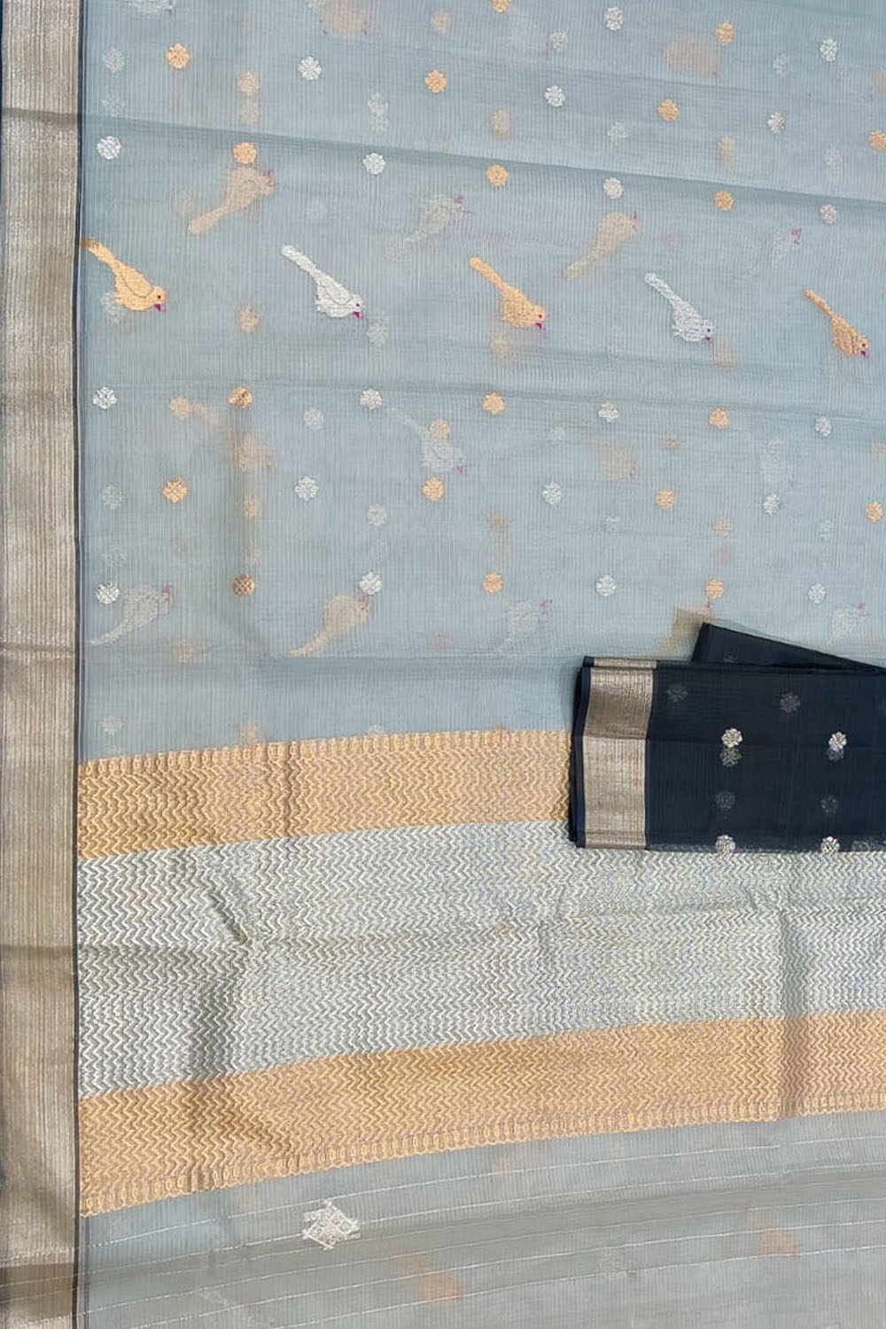Grey And Black Kota Doria Handloom Real Zari Saree - Luxurion World