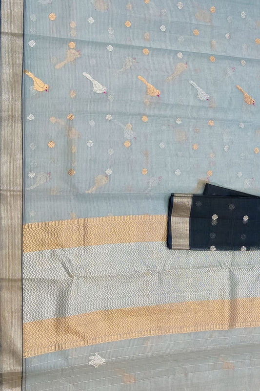 Grey And Black Kota Doria Handloom Real Zari Saree - Luxurion World