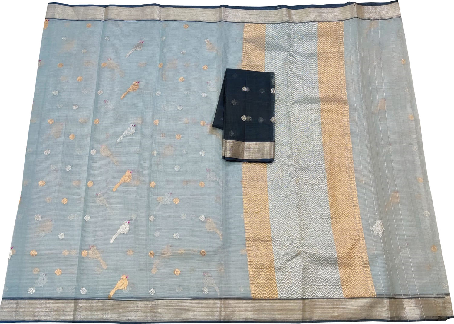 Grey And Black Kota Doria Handloom Real Zari Saree - Luxurion World