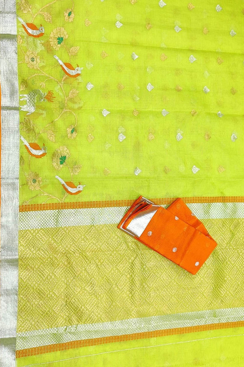 Green And Orange Kota Doria Handloom Real Zari Saree - Luxurion World