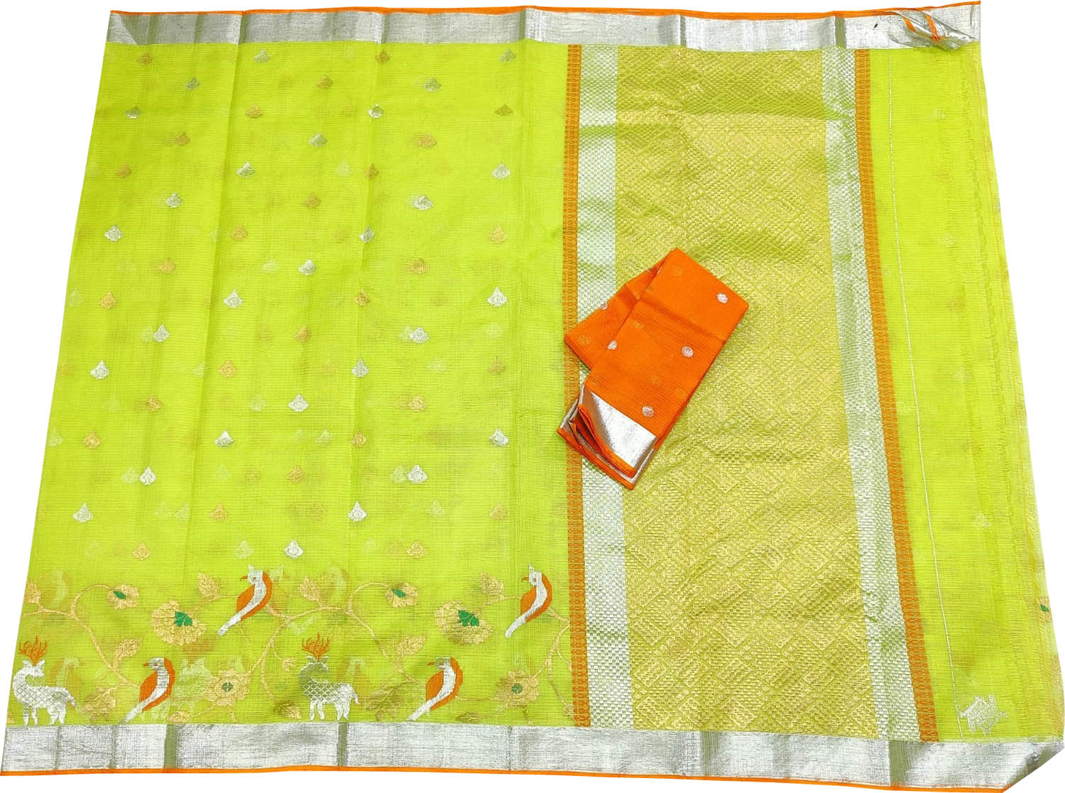 Green And Orange Kota Doria Handloom Real Zari Saree - Luxurion World