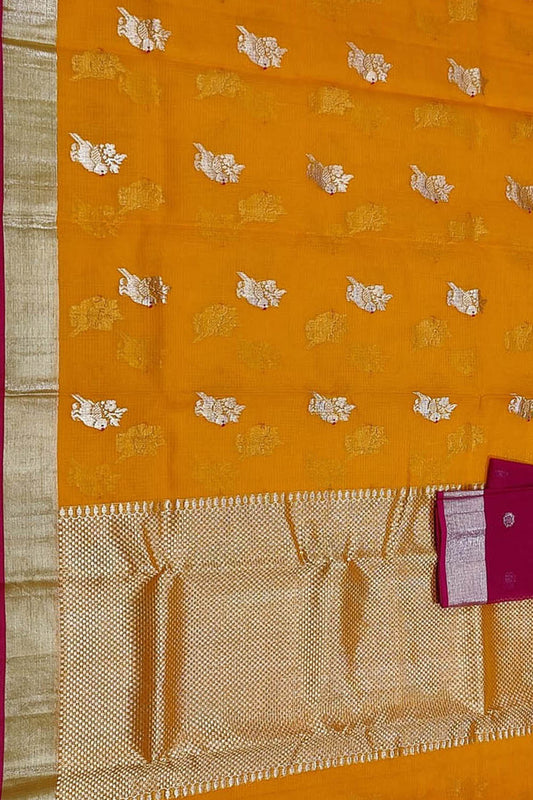 Orange And Pink Kota Doria Handloom Real Zari Saree - Luxurion World
