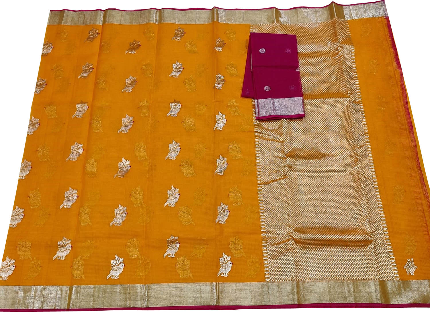Orange And Pink Kota Doria Handloom Real Zari Saree - Luxurion World