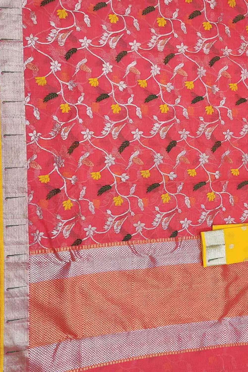 Pink And Yellow Kota Doria Handloom Real Zari Saree - Luxurion World