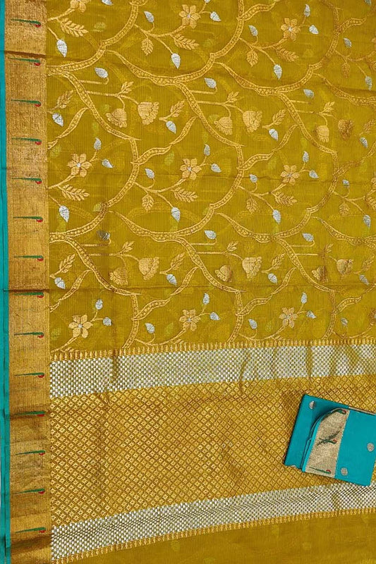 Yellow And Blue Kota Doria Real Zari Saree - Luxurion World