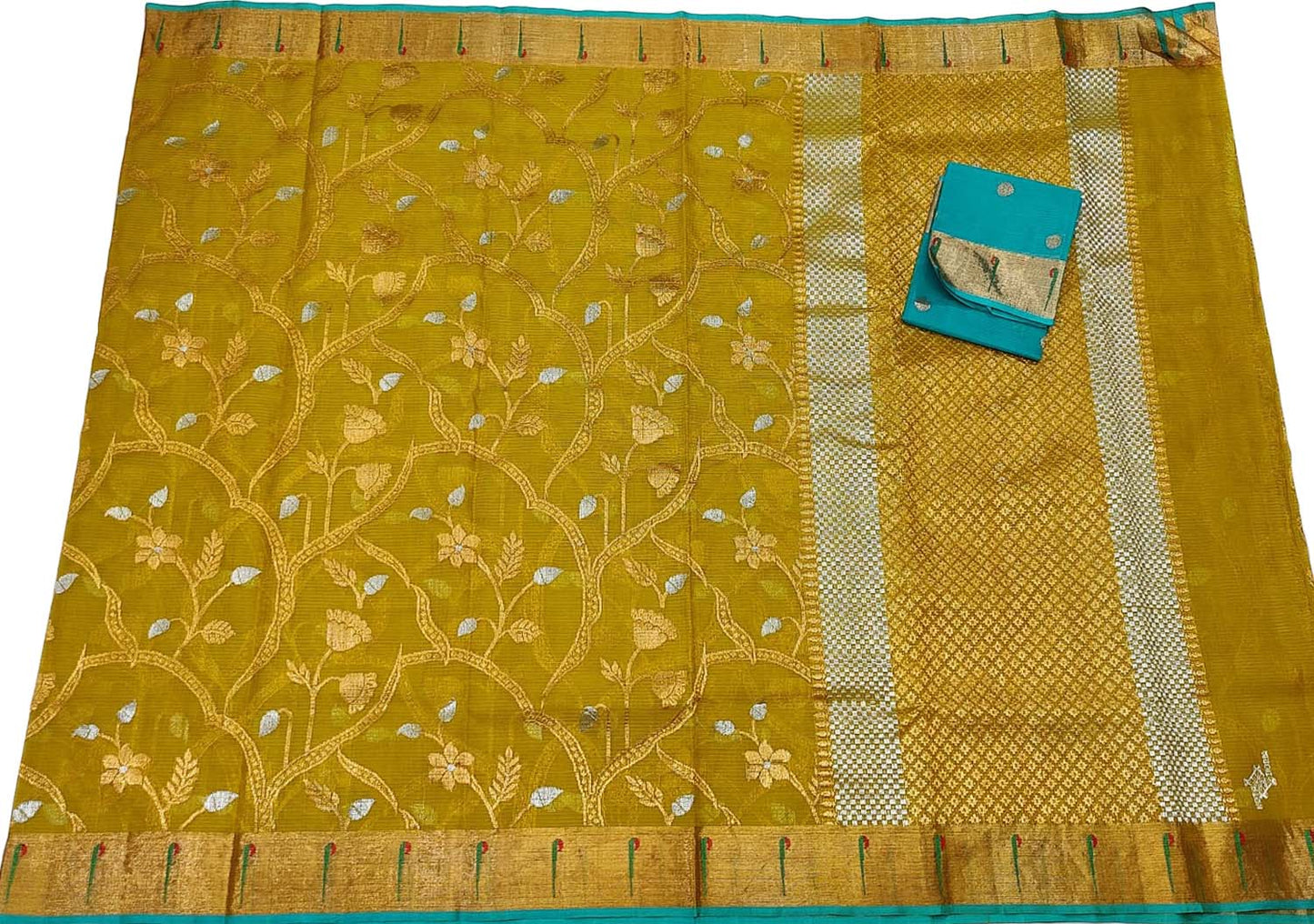 Yellow And Blue Kota Doria Real Zari Saree - Luxurion World