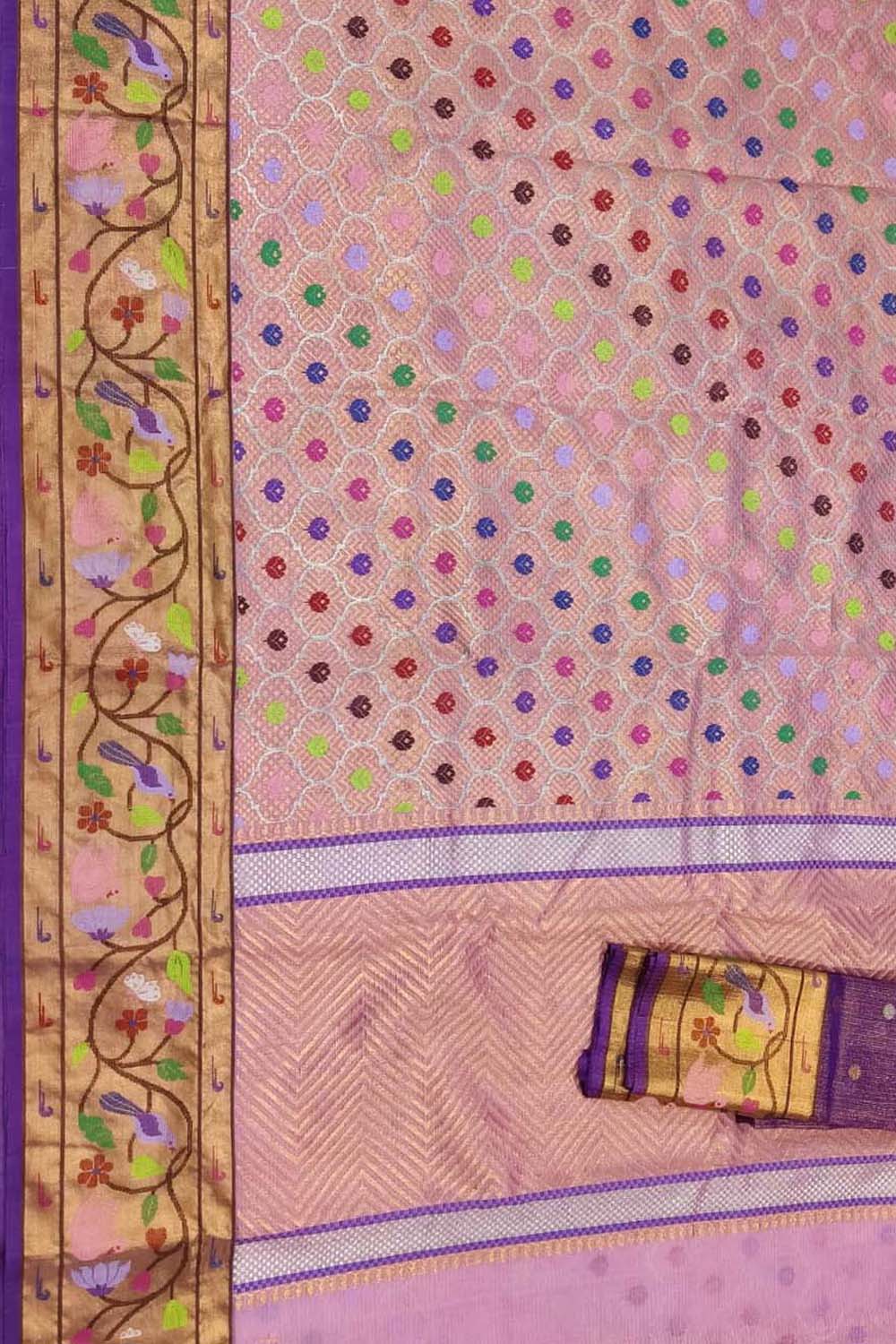 Pink And Purple Kota Doria Real Zari Saree - Luxurion World
