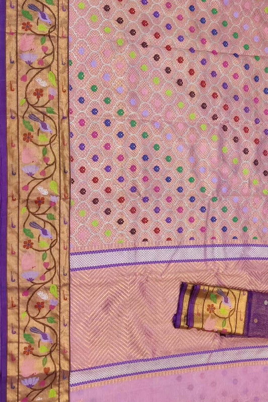 Pink And Purple Kota Doria Real Zari Saree - Luxurion World