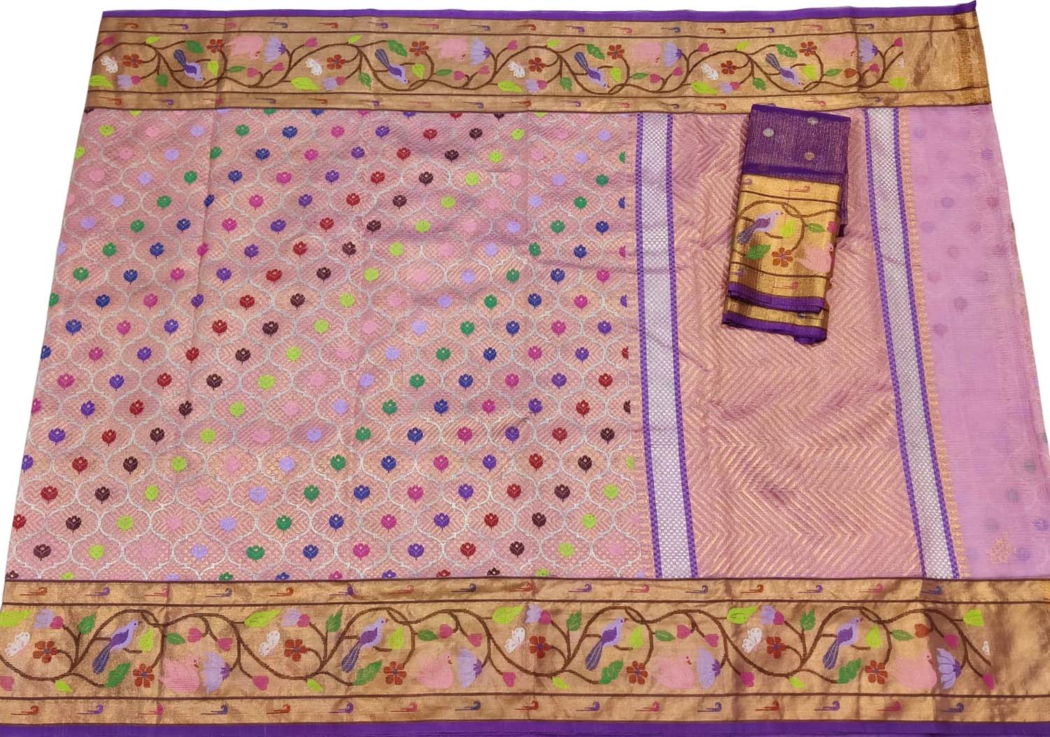 Pink And Purple Kota Doria Real Zari Saree - Luxurion World