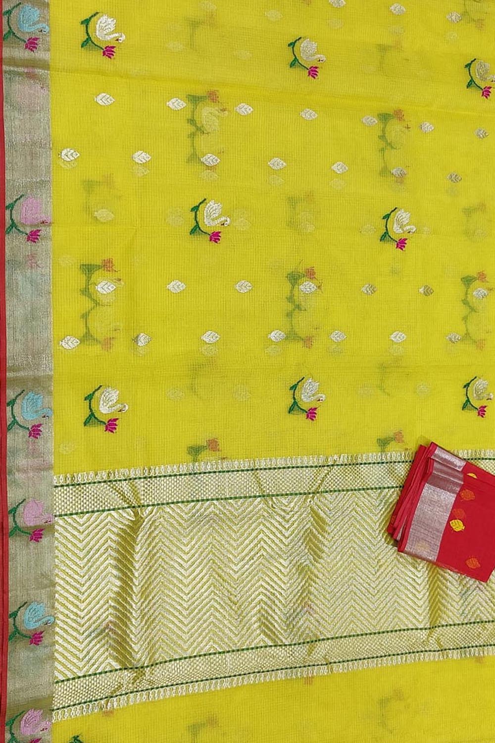 Yellow And Red Kota Doria Real Zari Saree - Luxurion World