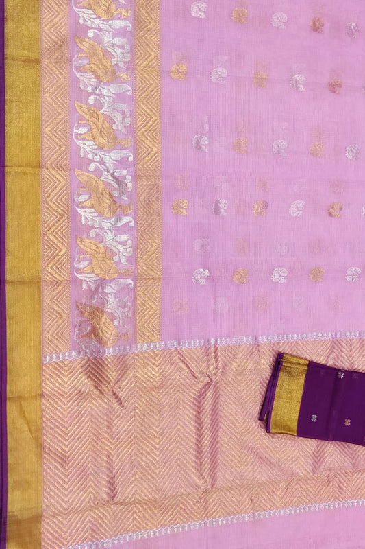 Pink And Purple Kota Doria Real Zari Saree - Luxurion World