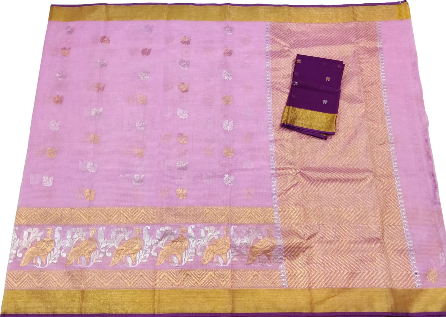 Pink And Purple Kota Doria Real Zari Saree - Luxurion World