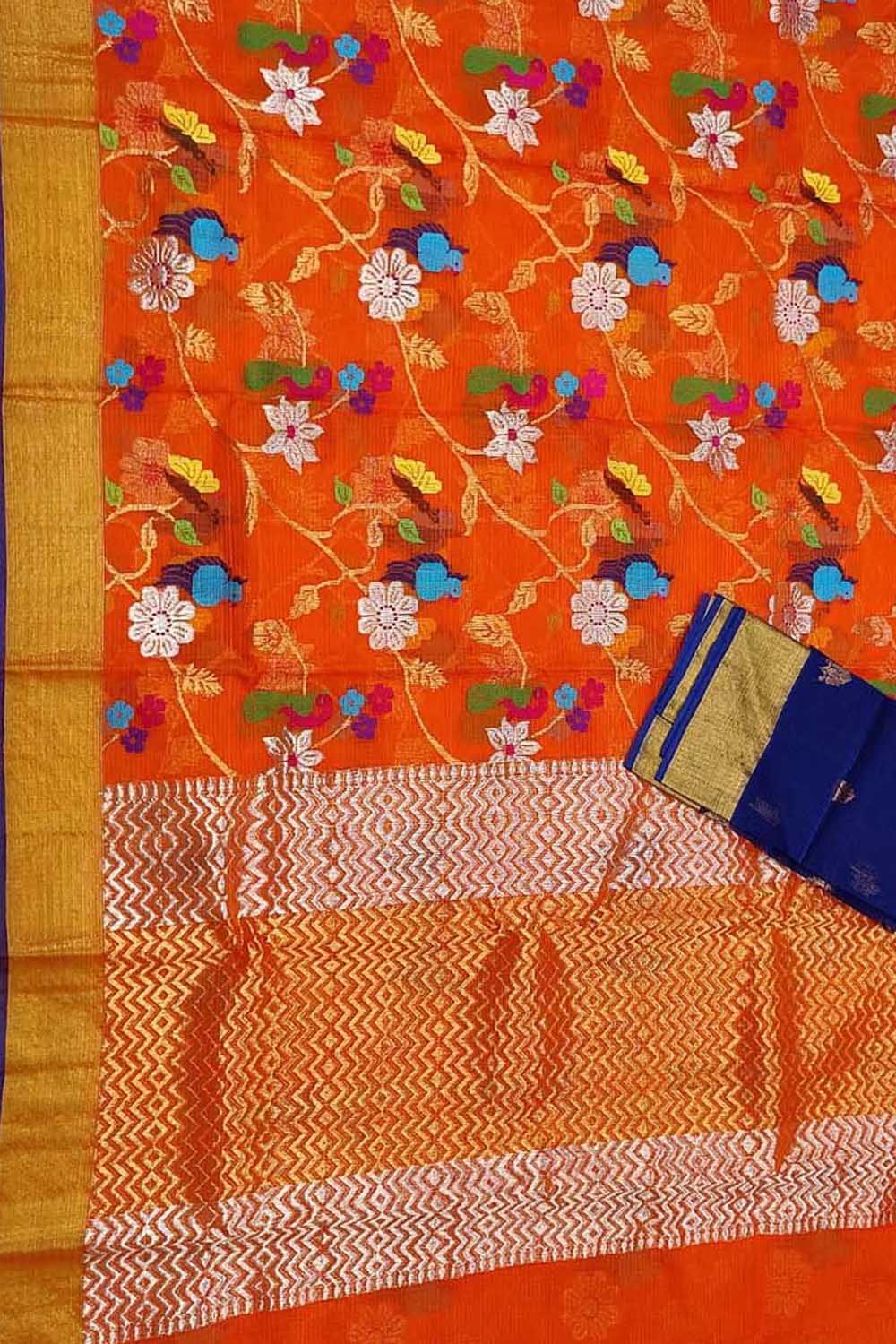 Orange And Blue Kota Doria Handloom Real Zari Saree - Luxurion World