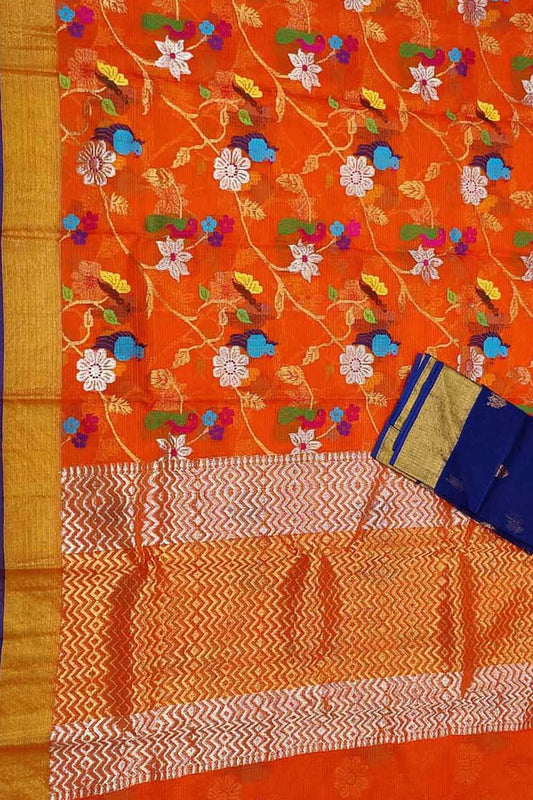 Orange And Blue Kota Doria Handloom Real Zari Saree - Luxurion World
