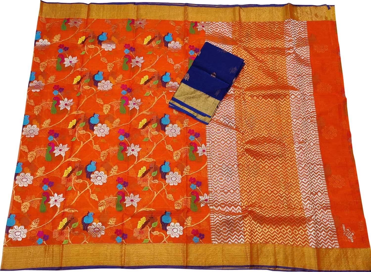 Orange And Blue Kota Doria Handloom Real Zari Saree - Luxurion World