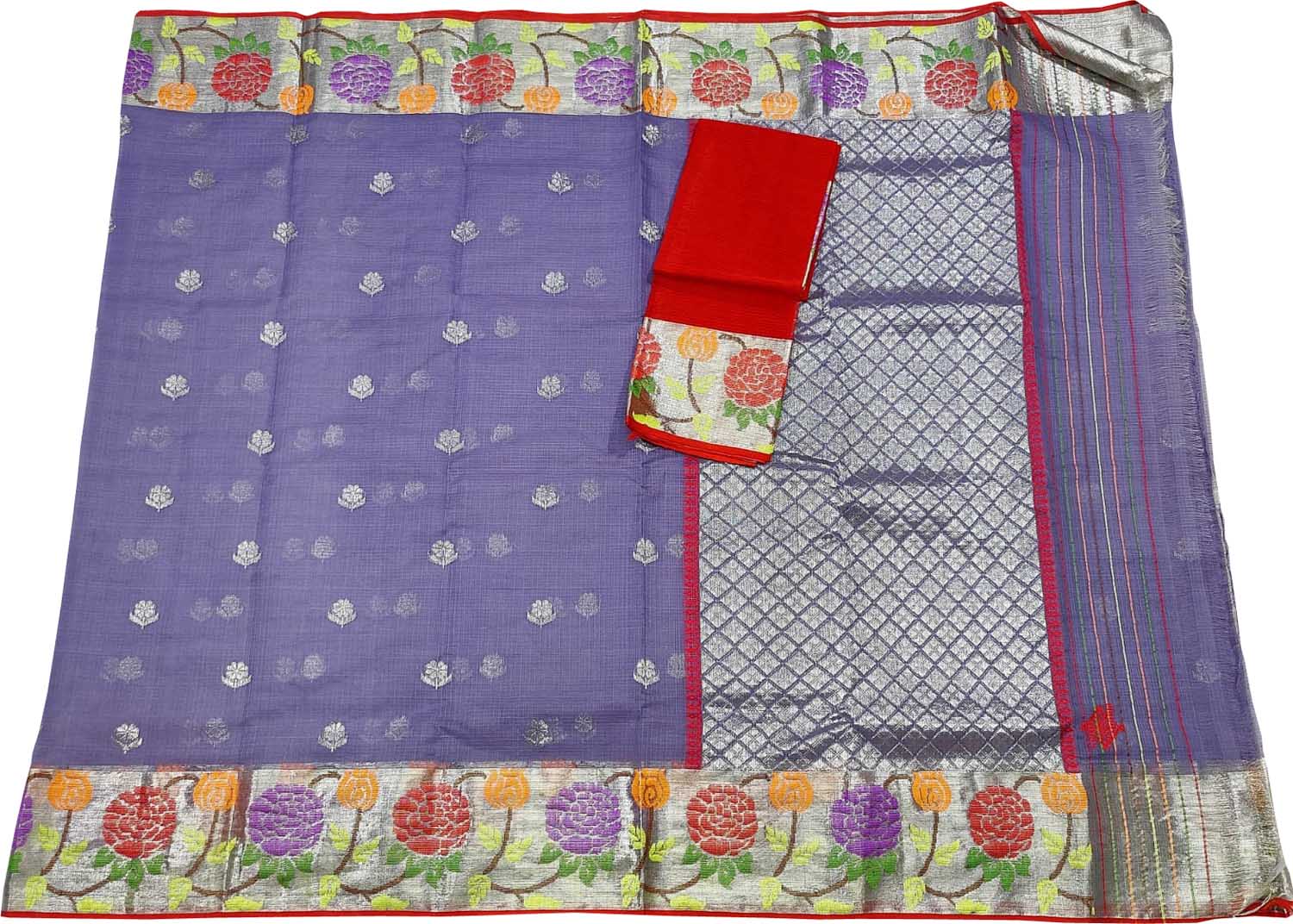 Purple And Red Kota Doria Handloom Real Zari Saree - Luxurion World