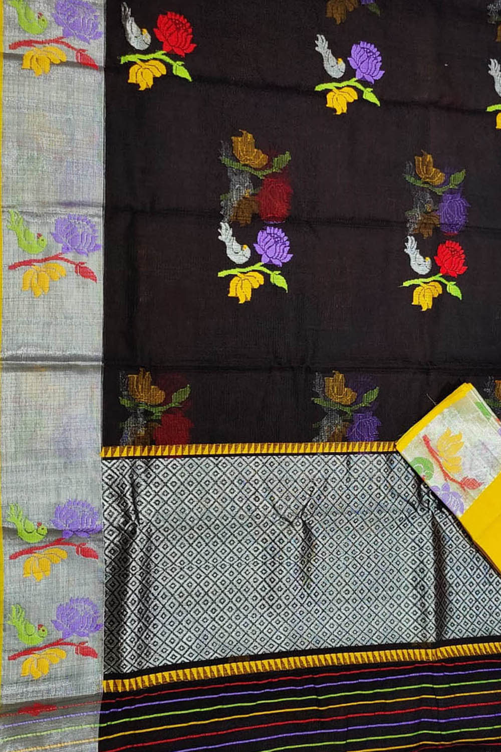 Black And Yellow Kota Doria Handloom Real Zari Saree - Luxurion World