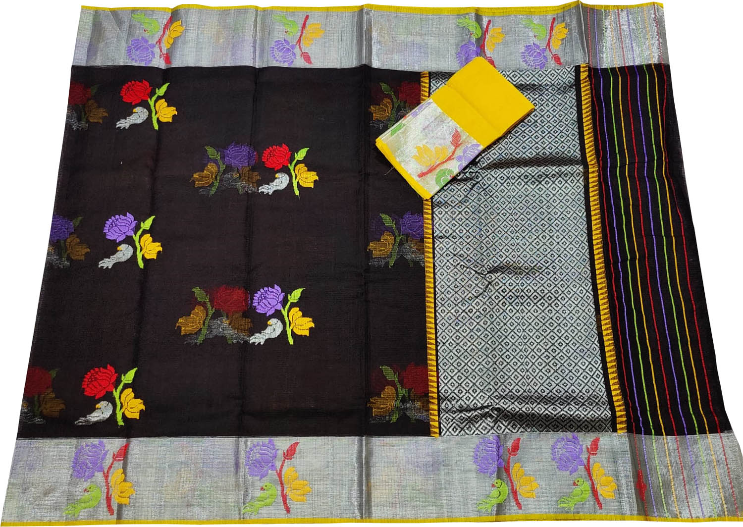 Black And Yellow Kota Doria Handloom Real Zari Saree - Luxurion World