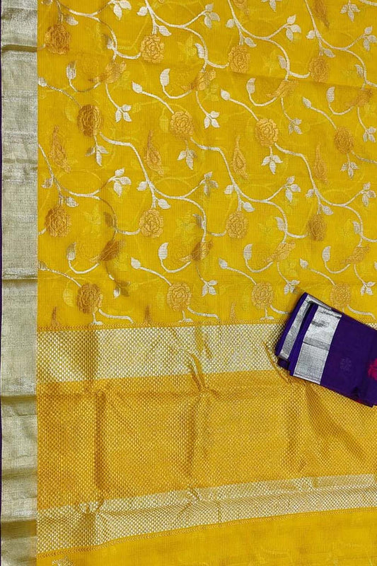 Yellow And Blue Kota Doria Handloom Real Zari Saree - Luxurion World