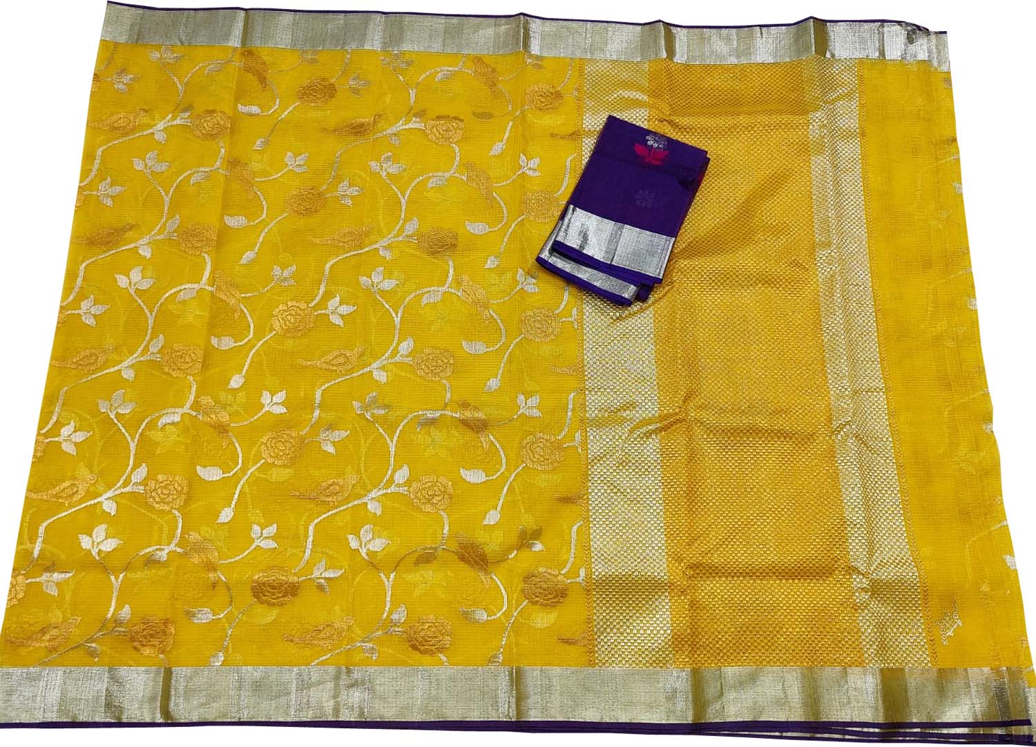 Yellow And Blue Kota Doria Handloom Real Zari Saree - Luxurion World