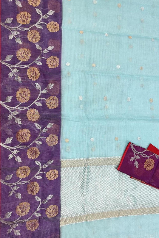 Blue And Purple Kota Doria Handloom Real Zari Saree - Luxurion World