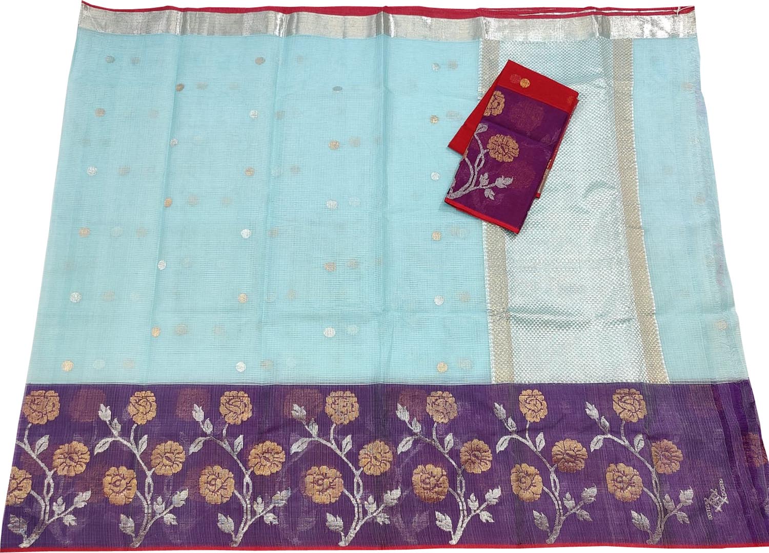 Blue And Purple Kota Doria Handloom Real Zari Saree - Luxurion World