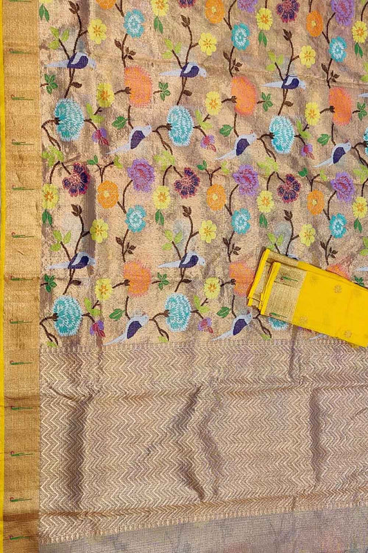 Golden And Yellow Kota Doria Handloom Double Tissue Real Zari Saree - Luxurion World